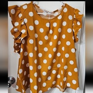 Mustard Yellow White Polka Dot Ruffle Shortsleeve Women's 3xl Blouse